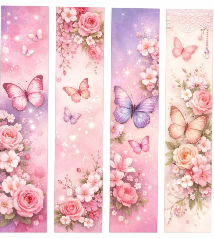 Four pink floral bookmarks with butterflies and roses, by Flinosh Prints