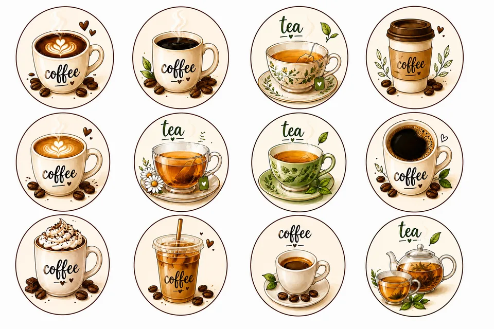 Twelve round coffee and tea cup stickers with watercolour mugs, teacups and coffee beans, by Flinosh Prints