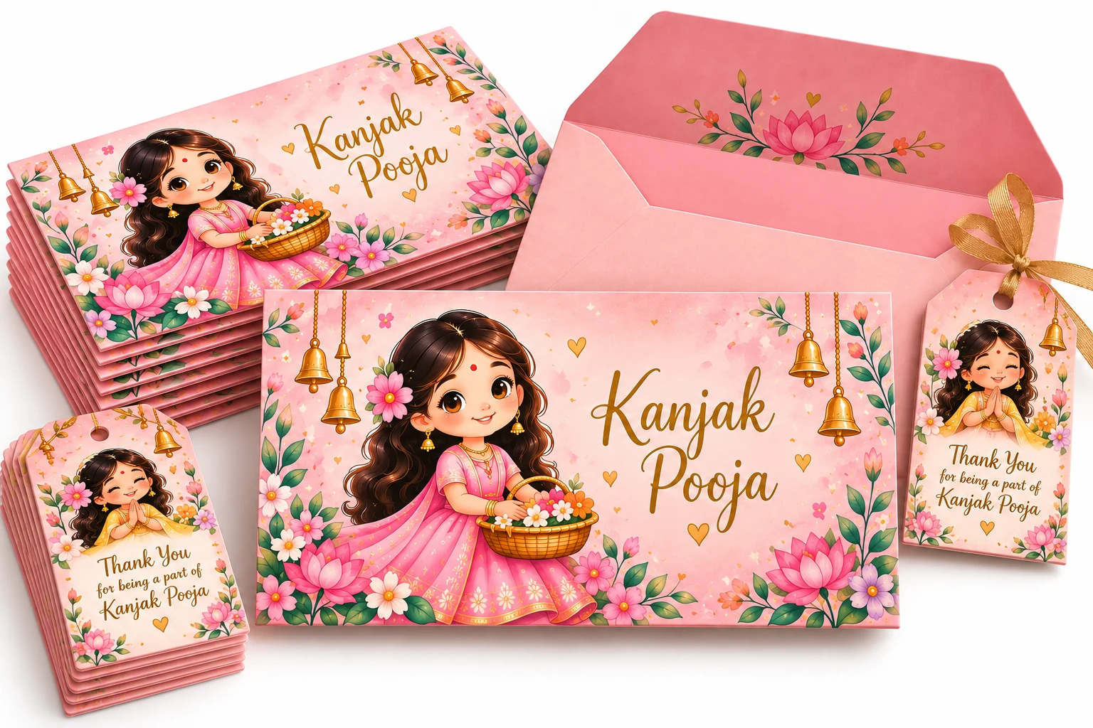 Pink Kanjak Pooja money envelopes with matching thank-you tags, by Flinosh Prints