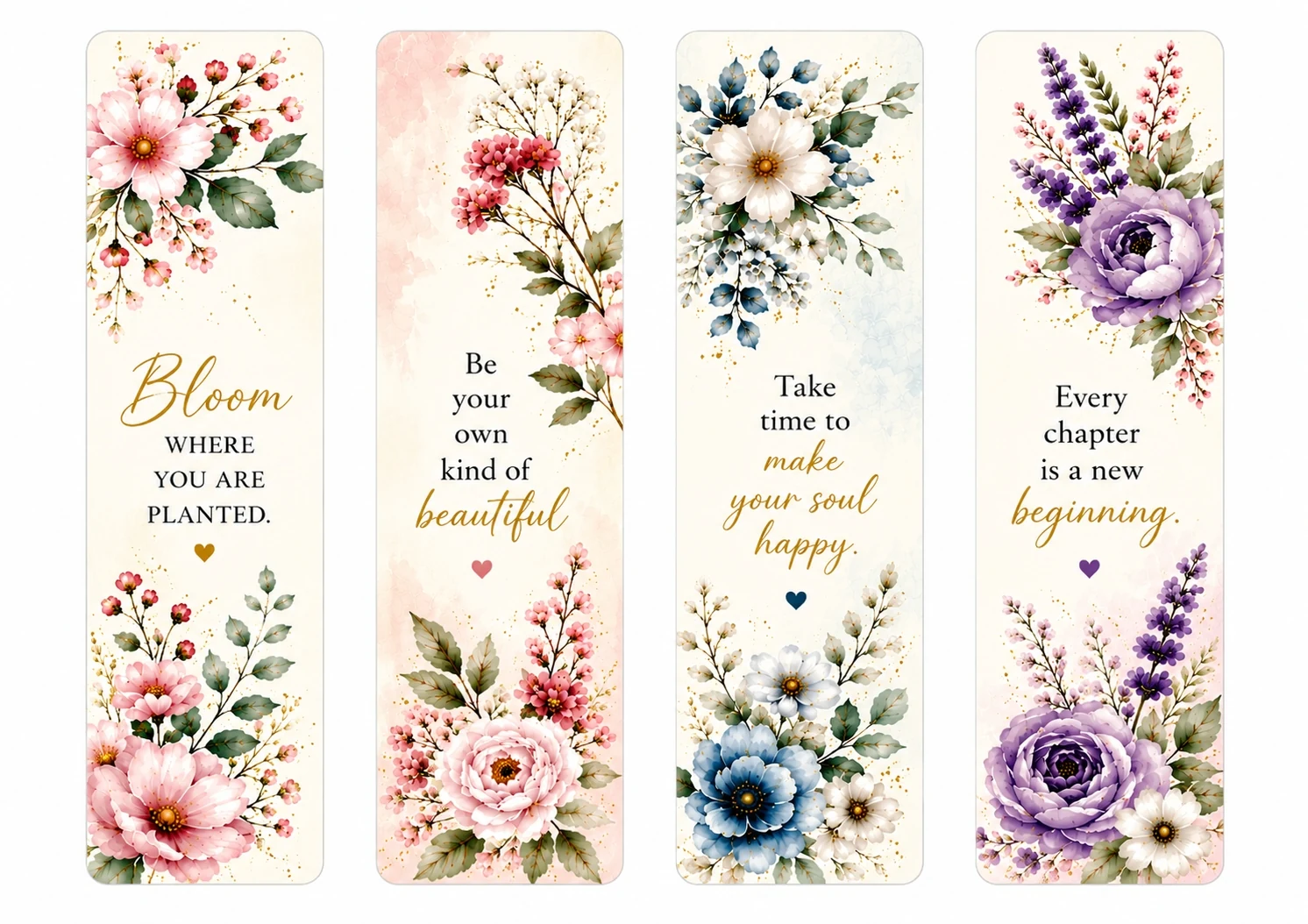 Four floral quote bookmarks in pink, blue and purple