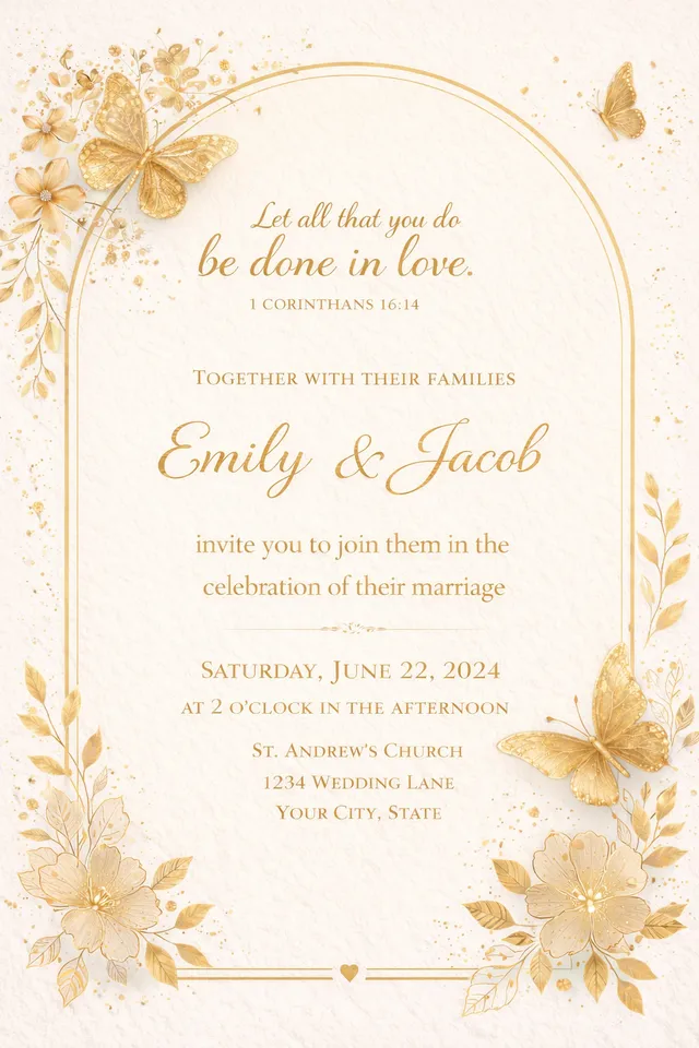 Ivory wedding invitation with gold butterflies, gold flowers and an arched gold frame