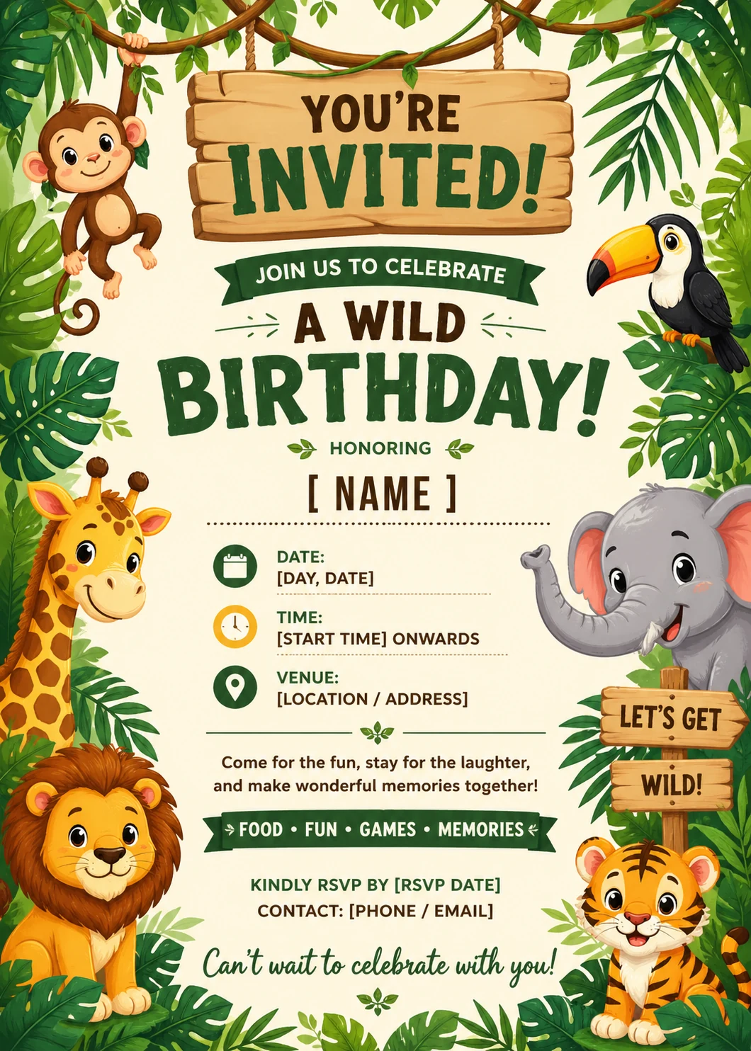 Jungle theme birthday party invitation with a lion, giraffe, elephant and monkey