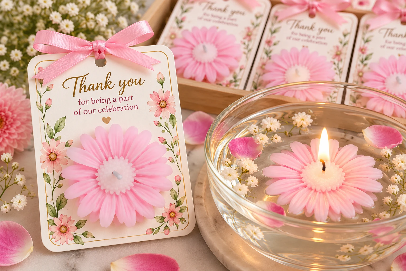 Pink daisy candle return gifts on printed thank-you tags, by Flinosh Prints